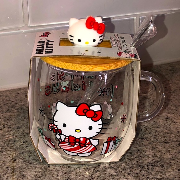 Hello Kitty Other - ✨NWT✨ LAST ONE‼️ Ltd Edition Hello Kitty Glass Mug W/ Wood Lid & Spoon Christmas